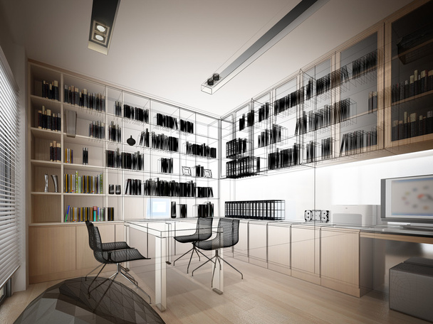 sketch design of study room ,3dwire frame render - Fotoğraf, Görsel