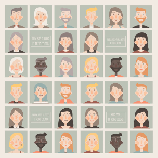 Collection of flat  icons with young people, middle aged people, old people and kids faces in retro color - Wektor, obraz