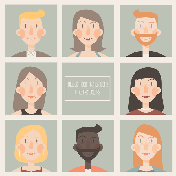 Набір плоских піктограм з обличчями людей середнього віку в ретро кольорах
 - Вектор, зображення