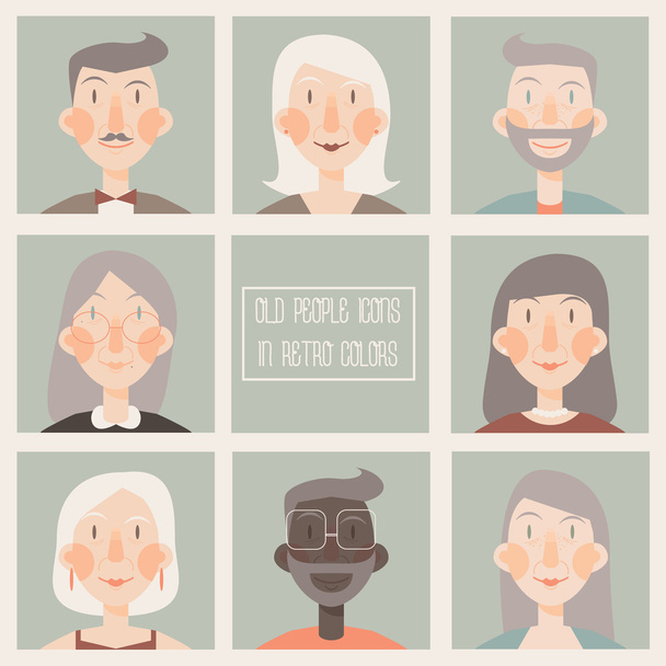 Conjunto de ícones planos com rostos de pessoas idosas em cores retro
 - Vetor, Imagem