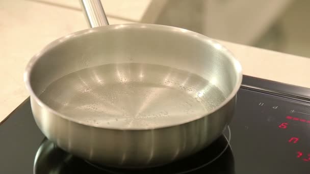 Шеф-кухар поміщає солі в гарячій воді - Кадри, відео