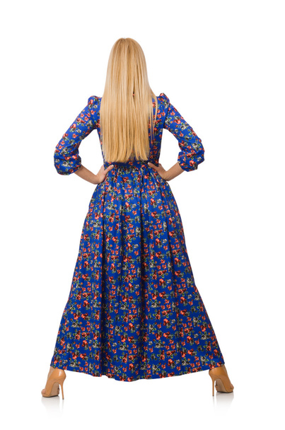 青い花柄のドレスの若い女性 - 写真・画像