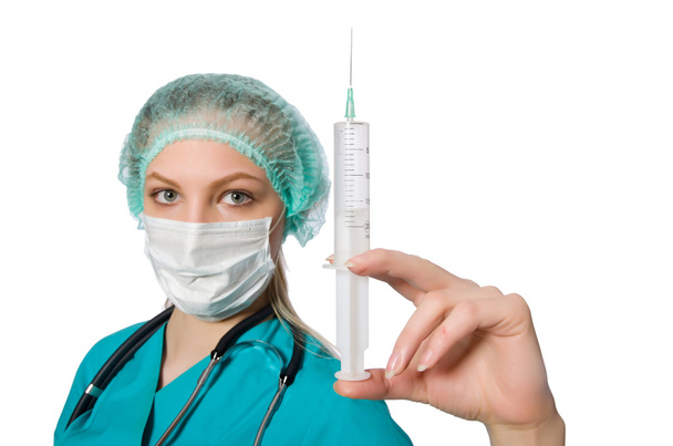 Woman doctor with syringe on white - Foto, Imagem