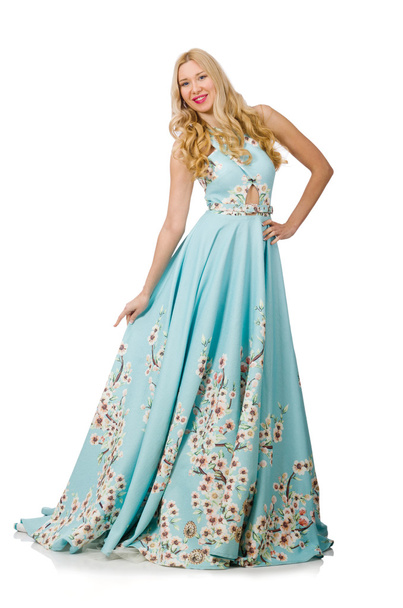 Woman in blue long dress with flower prints - Photo, image