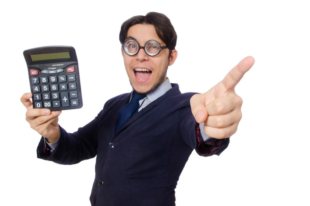 Забавна людина з калькулятором ізольована на білому
 - Фото, зображення