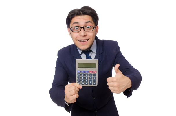 Homme drôle avec calculatrice isolé sur blanc
 - Photo, image