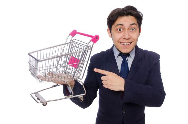 Hombre divertido con carrito de compras aislado en blanco
 - Foto, imagen