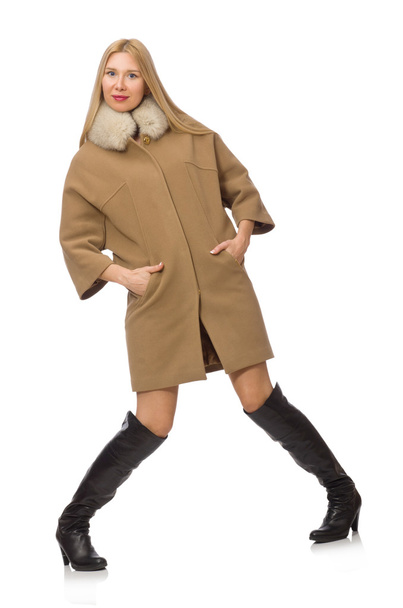 Blond hair girl in coat isolated on white - Photo, Image