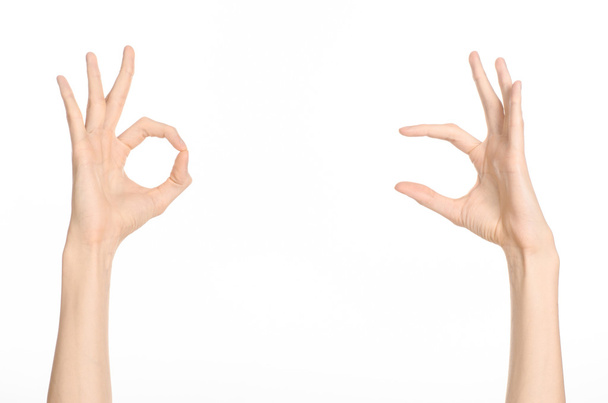 Thema Handgesten: Die menschliche Hand zeigt Gesten isoliert auf weißem Hintergrund im Studio - Foto, Bild