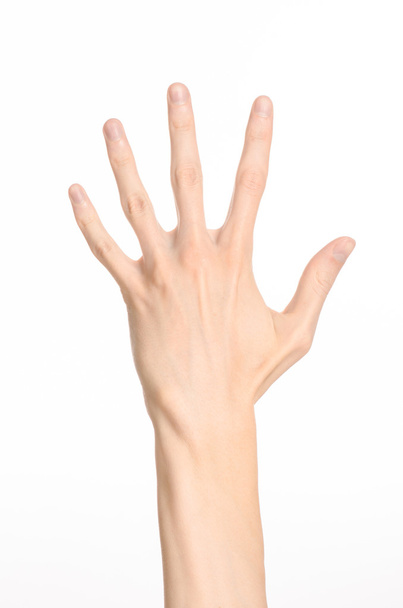 Hand gebaren thema: de menselijke hand toont gebaren geïsoleerd op een witte achtergrond in de studio - Foto, afbeelding
