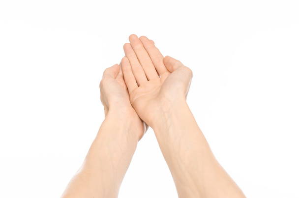 Gestures topic: human hand gestures showing first-person view isolated on white background in studio - Foto, Imagen