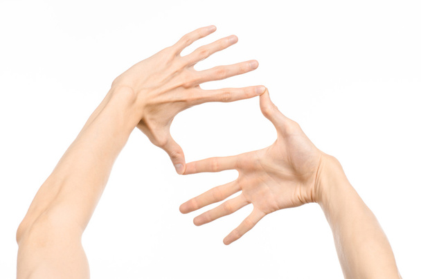 Gestures topic: human hand gestures showing first-person view isolated on white background in studio - Foto, Imagem