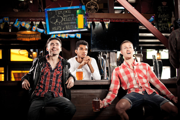 Watching TV in bar. men drinking beer sitting  bar - 写真・画像