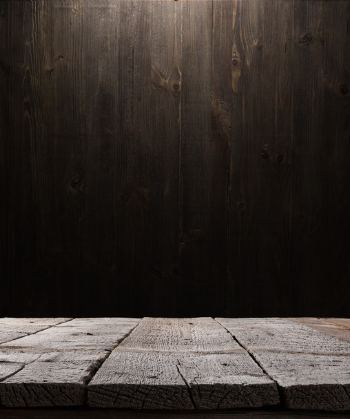 Dark wooden background texture. Wood shelf, grunge industrial interior with light bulb - Zdjęcie, obraz