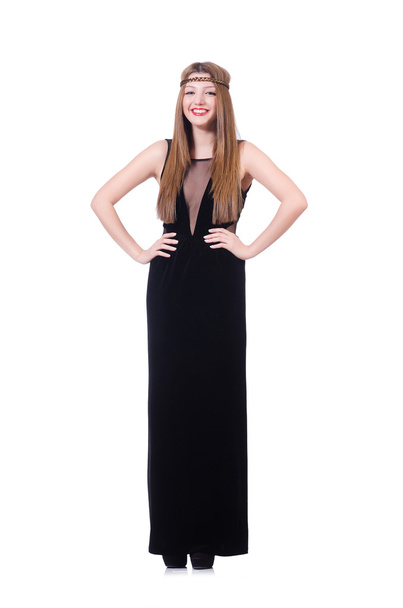 Young redhead gril in black long dress isolated on white - Photo, Image