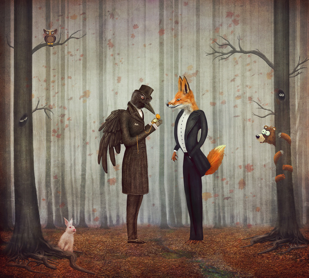 Rabe und Fuchs in einem dunklen Wald, der auf die Uhr schaut - Foto, Bild