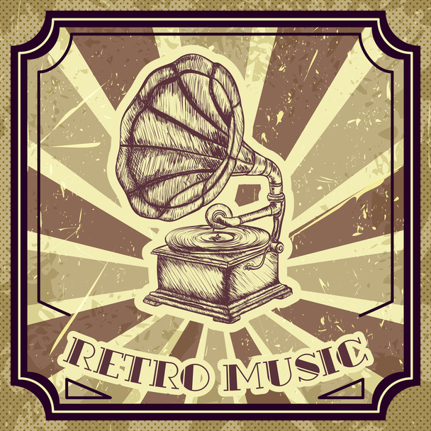 Poster with vintage gramophone. Retro hand drawn vector illustration label "retro music" in sketch style with grunge background - Vector, Image