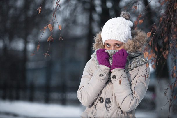 Cheerful woman clothing in warm hat. Winter season. - Valokuva, kuva