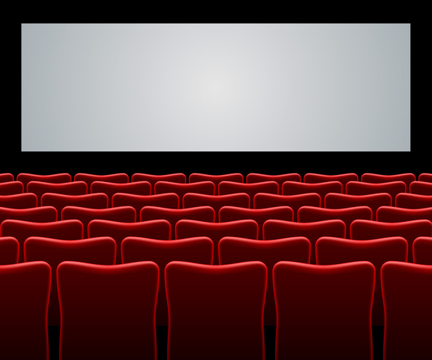 Αίθουσα ταινία με κόκκινο καθίσματα και κενή οθόνη φόντου. - Διάνυσμα, εικόνα