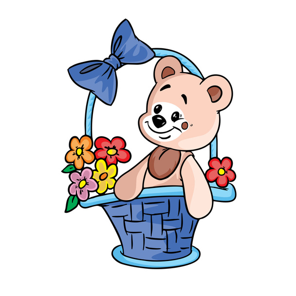 Teddy bear with flowers in gift basket - ベクター画像