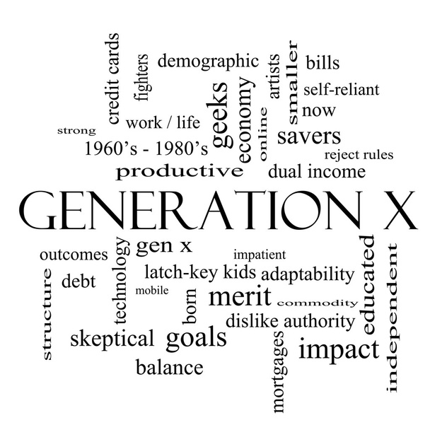 Generation X Word Cloud Concept in black and white - Foto, afbeelding