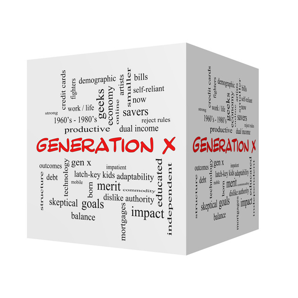 Generación X 3D cubo Word Cloud Concepto en tapas rojas
 - Foto, imagen