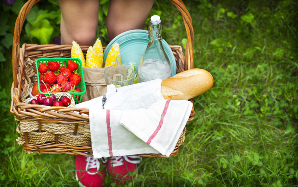 Young girl holding a picnic basket with berries, lemonade and bread - Foto, Imagen