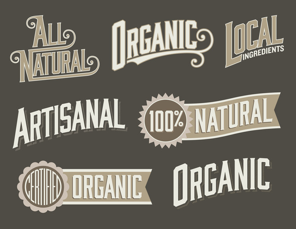 Set of 6 Organic, Natural Food Labels with vintage look - Vector, Image