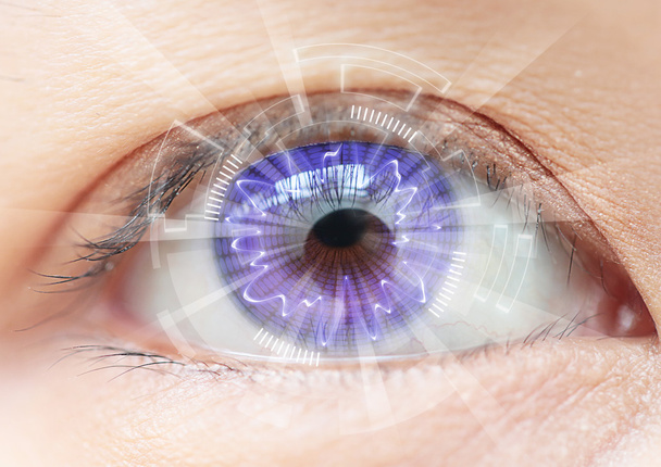 Close up women eye technology  contact lens - Foto, Imagem