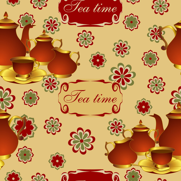 Vector seamless pattern with teapot, cups, jug, sugar bowl and flowers. - Vector, Image