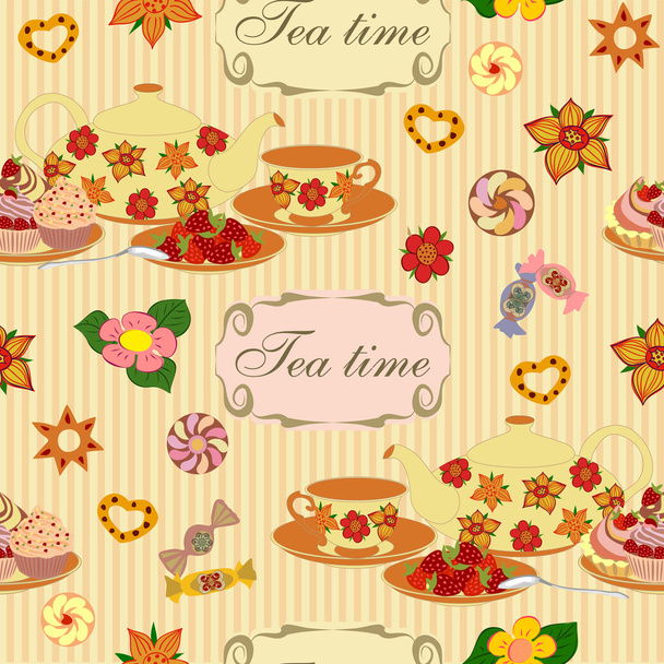 Бесшовный векторный рисунок с чайником, чашками, малиной и тортом
. - Вектор,изображение