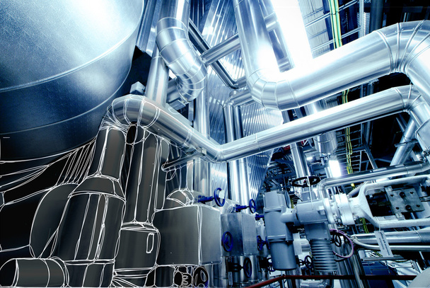 Ilustración de equipos, cables y tuberías dentro de la central eléctrica
 - Foto, imagen