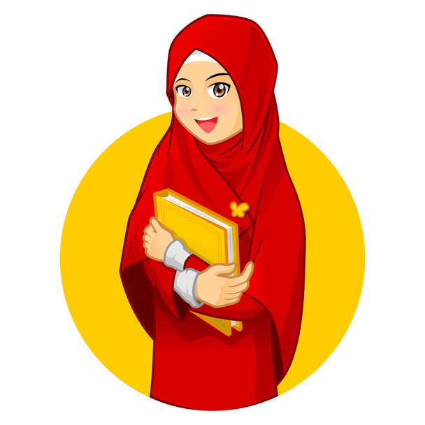 Femme musulmane avec étreinte d'un livre portant le voile rouge
 - Vecteur, image