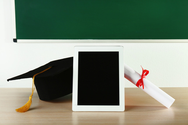 Graduation cap with tablet and diploma - Fotoğraf, Görsel