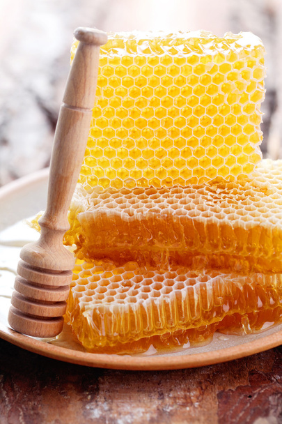 Honeycomb on plate on table - Zdjęcie, obraz