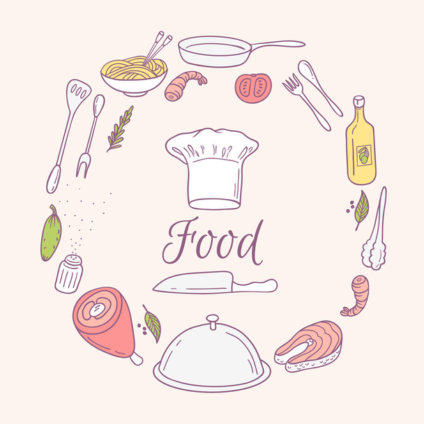 Round card with doodle food icons. Hand drawn elements for menu, cafe. Culinary background - Vektor, Bild