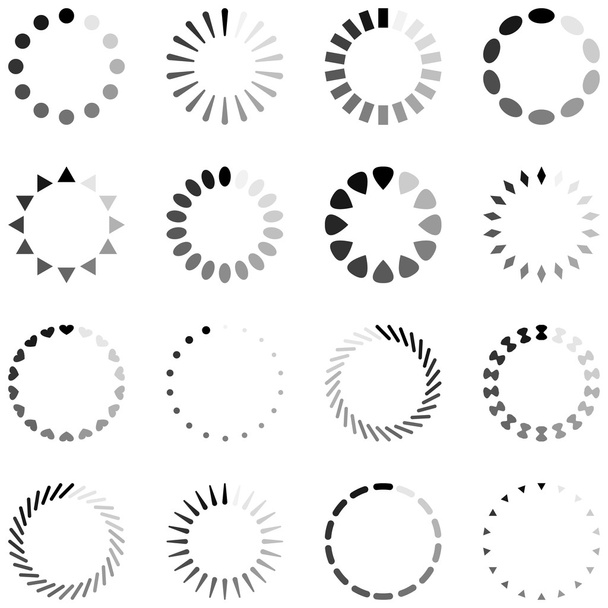 Iconos de giro de carga, progreso o almacenamiento en búfer, en blanco y negro
 - Vector, imagen