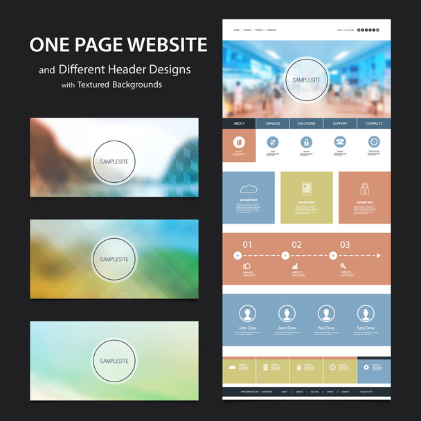 One Page Website Template and Different Header Designs with Minimal Blurred Mosaic Concept Background - Natural and Urban Theme - Vector, imagen