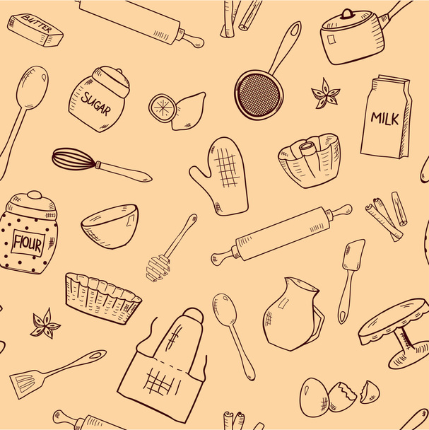 Pattern with hand drawn kitchen items - Vector, afbeelding
