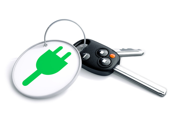 Set of car keys with keyring and electric power icon on it. Conc - Φωτογραφία, εικόνα