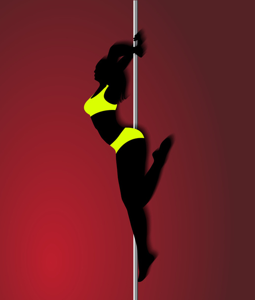 Pole dancer in bright yellow clothes, sexy silhouette on red bac - Vector, afbeelding