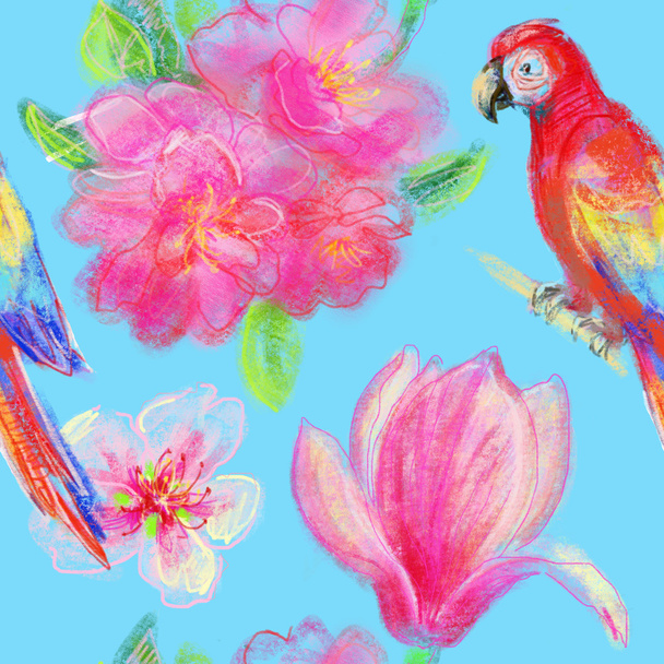 parrots and exotic flowers - Photo, Image