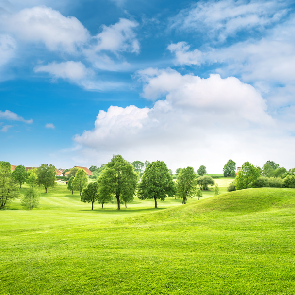 Kaunis Baijerin maaseutu. Vihreä kenttä ja sininen s
 - Valokuva, kuva