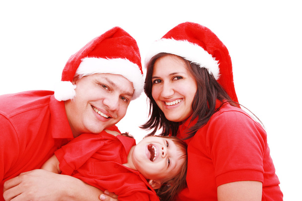 Glück Familie in Weihnachtsmütze isoliert auf weiß - Foto, Bild