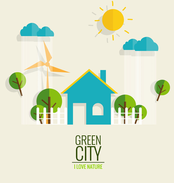 Концепция экологии с зеленым городом и деревьями
 - Вектор,изображение