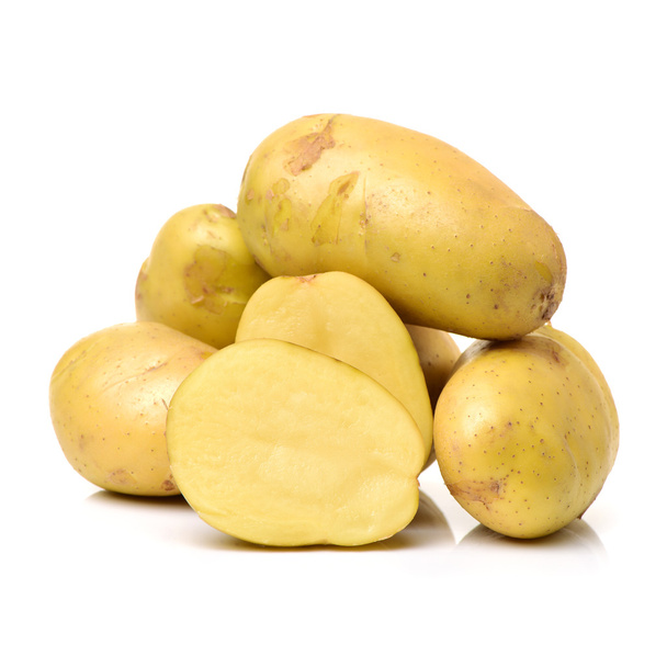 Batatas novas inteiras e fatiadas
 - Foto, Imagem