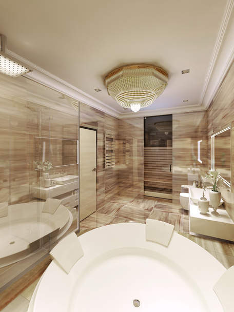 Banheiro clássico com acesso à sauna
 - Foto, Imagem