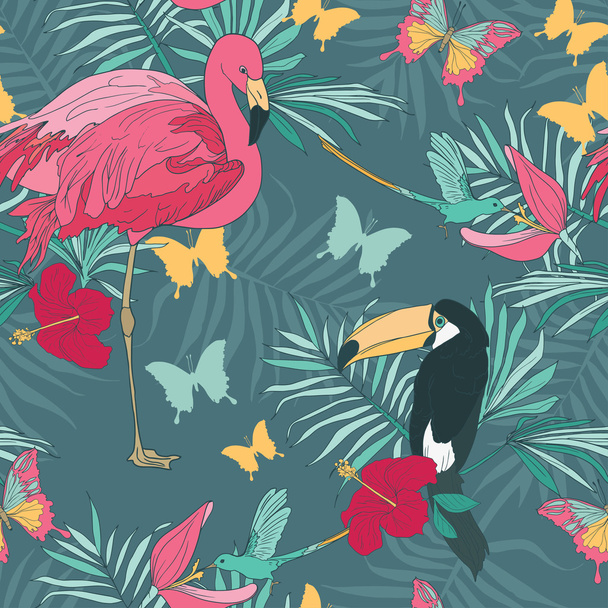 Seamless pattern with tropical birds and flowers - Wektor, obraz