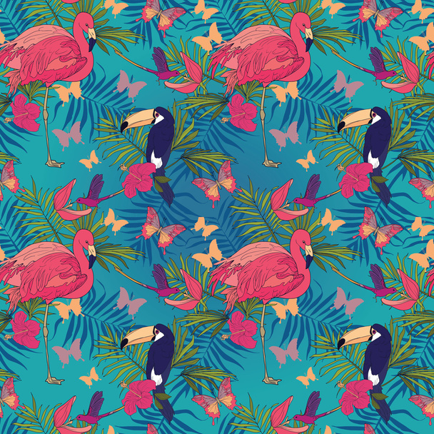 Seamless pattern with tropical birds and flowers - Vettoriali, immagini