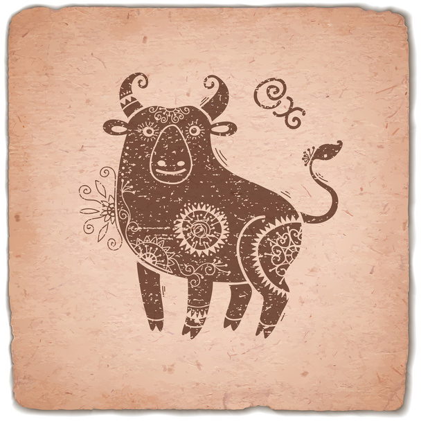 Ox. Chinese dierenriem teken Horoscoop Vintage kaart. - Vector, afbeelding